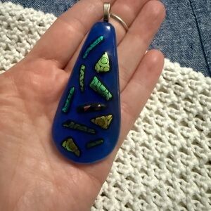 Blue and Green Fused Glass Pendant Necklace